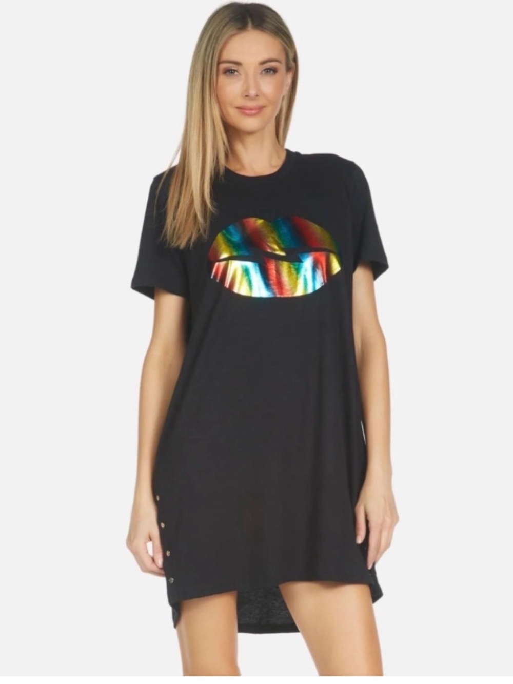 Lauren moshi iconic luxury dress oversized lips foil bright colors